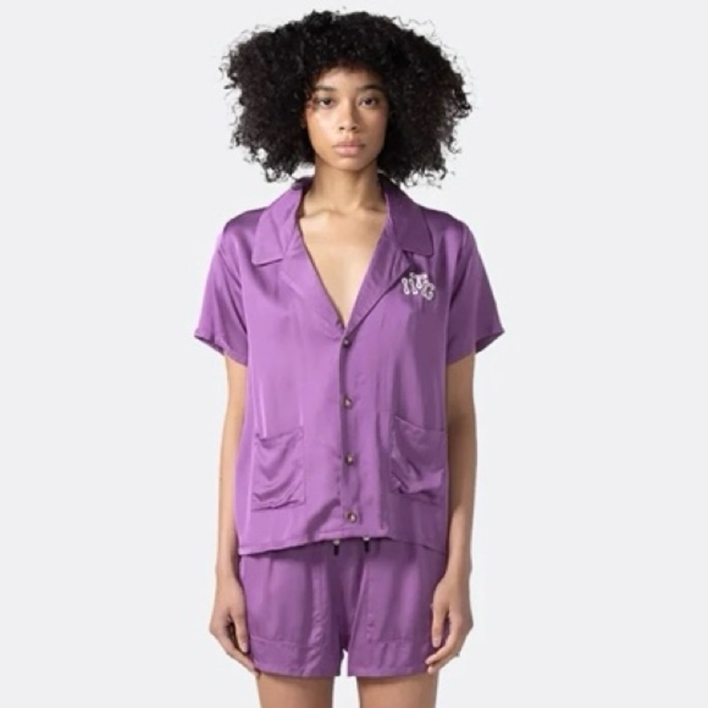 NWT HONOR THE GIFT Satin Bowling-Style Camp Shirt in Purple, Size XS